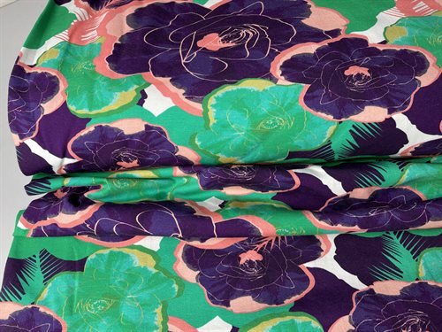 Bomuldsjersey - blomster i intense toner